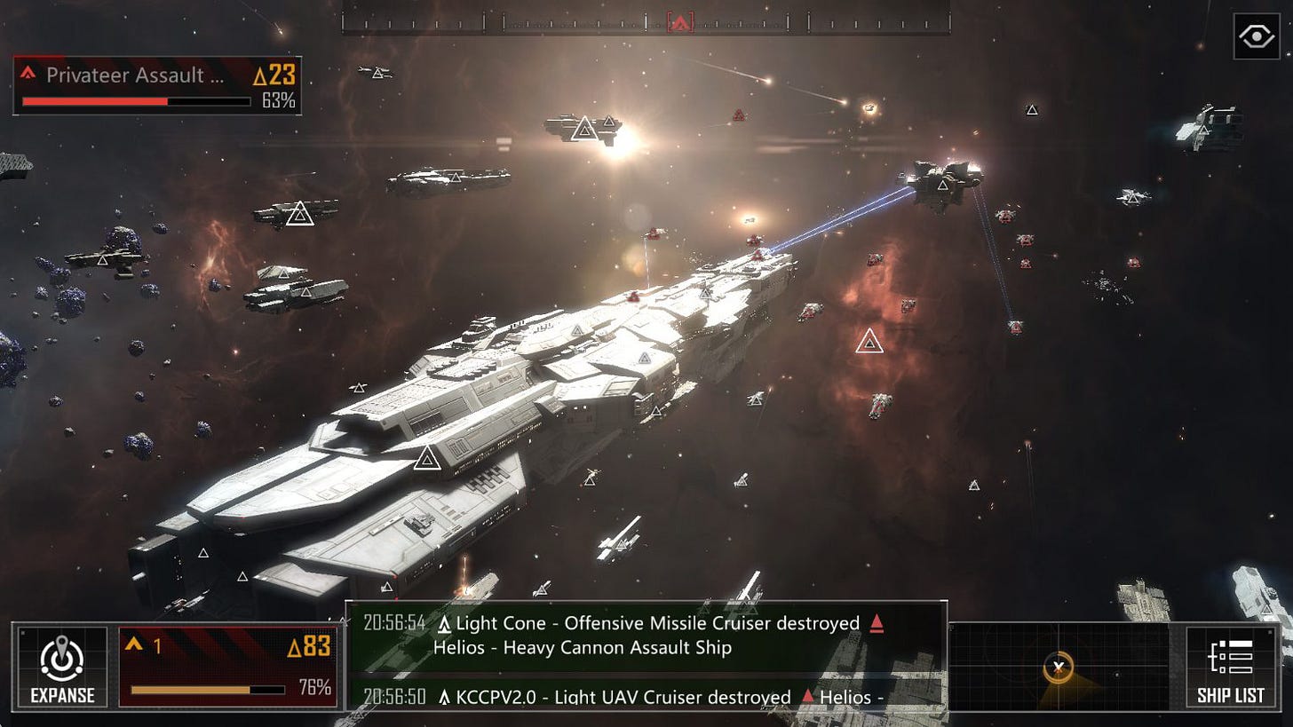 A sci‑fi space battle game screenshot shows a large white capital ship in the foreground surrounded by multiple smaller spacecraft, missiles, and targeting markers amid an asteroid field and glowing nebula clouds. HUD elements display “Privateer Assault” with health and level indicators, battle log messages like “Light Cone – Offensive Missile Cruiser destroyed” and “Helios – Heavy Cannon Assault Ship,” and buttons labeled “EXPANSE” and “SHIP LIST.”