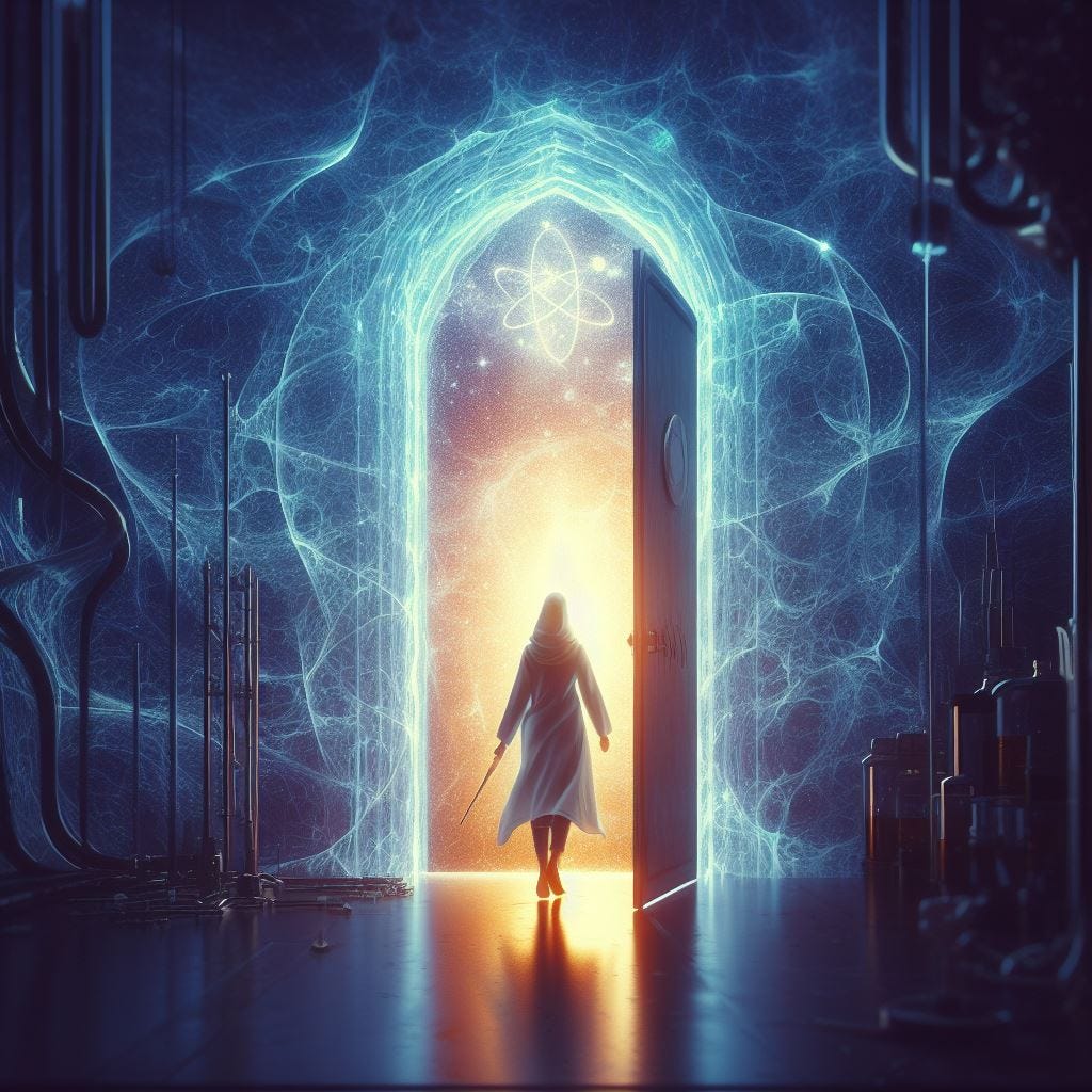 A woman in a lab coat, holding a wand, walking through a glowing door. A woman in a lab coat, holding a wand, walking through a glowing door.