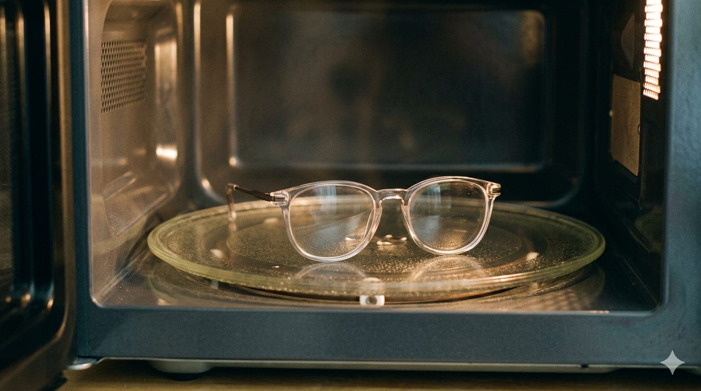 A high-contrast, cinematic photograph of a pair of clear-framed eyeglasses sitting alone on the glass turntable inside a dark microwave oven. The lighting is warm and domestic, emphasizing the surreal and misplaced nature of the object.