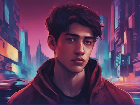 A pink robotic female, young man in a futuristic city and a landscape with an ocean at sunset
