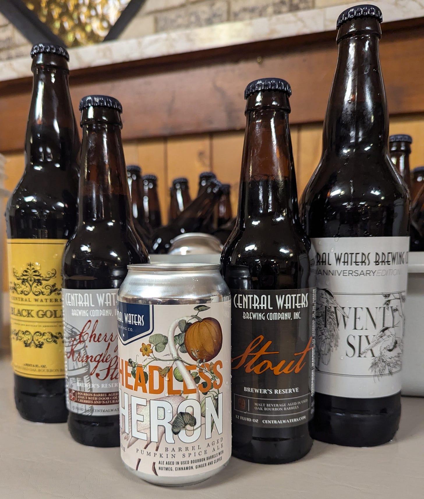 5 barrel aged beers from Central Waters. Including 2 reserves, a cherry kringle, and a pumpkin ale 5 barrel aged beers from Central Waters. Including 2 reserves, a cherry kringle, and a pumpkin ale