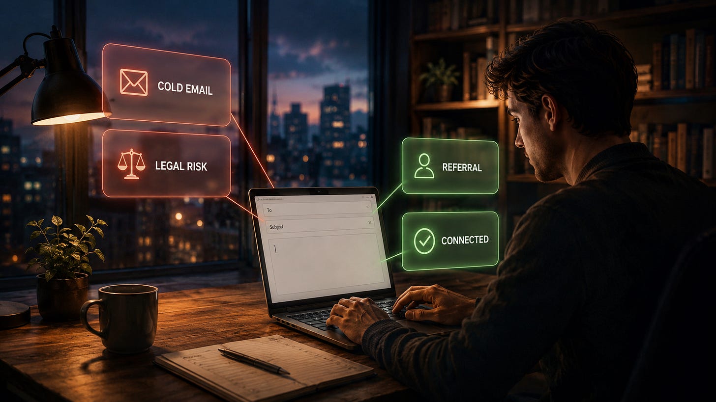 AI outreach illustration comparing cold email legal risk with referral-based client acquisition. AI outreach illustration comparing cold email legal risk with referral-based client acquisition.