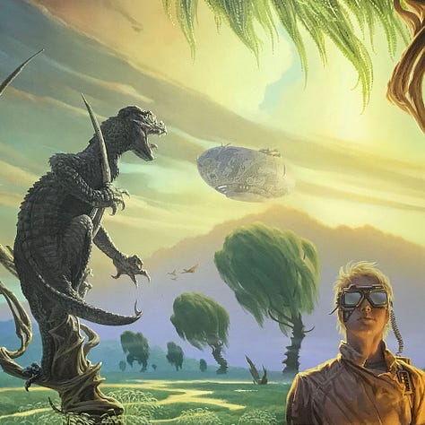LEFT: Detail from BEOWULF'S CHILDREN featuring a man holding a swaddled baby in one hand while resting a futuristic pump action shot gun on his opposite shoulder. He's flanked by a young woman with blonde hair and a young man wearing futuristic goggles. CENTER: Close detail from BEOWULF'S CHILDREN featuring a young woman with blonde hair and a young man wearing futuristic goggles. A coiled wire extends down to a pack strapped over his shoulder. The background landscape is decidedly alien, a grassland with shallow water winding through it. An alien lizard climbs the bare trunk of a tree. Its mouth opens in a hiss directed at a futuristic blimp floating in the dawn lit sky. RIGHT: Close detail from BEOWULF'S CHILDREN featuring a man holding a swaddled baby in one hand while resting a futuristic pump action shot gun on his opposite shoulder. Beside him stands a young woman with straight blonde hair. She's wearing a black leather jacket and is cocking her head to look past him directly into the camera.