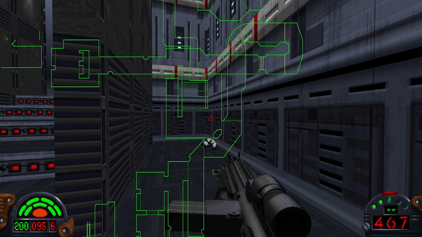 Dark Forces screenshot, with the map overlaid on the gameplay.