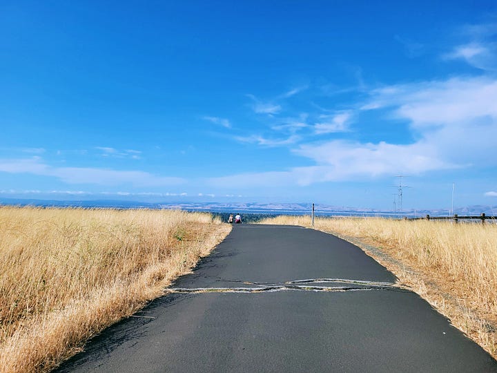 two images showing a path on a hill surrounded by grass. The first image has green grass and cloudy sky, while the second one has golden grass and clear blue sky.