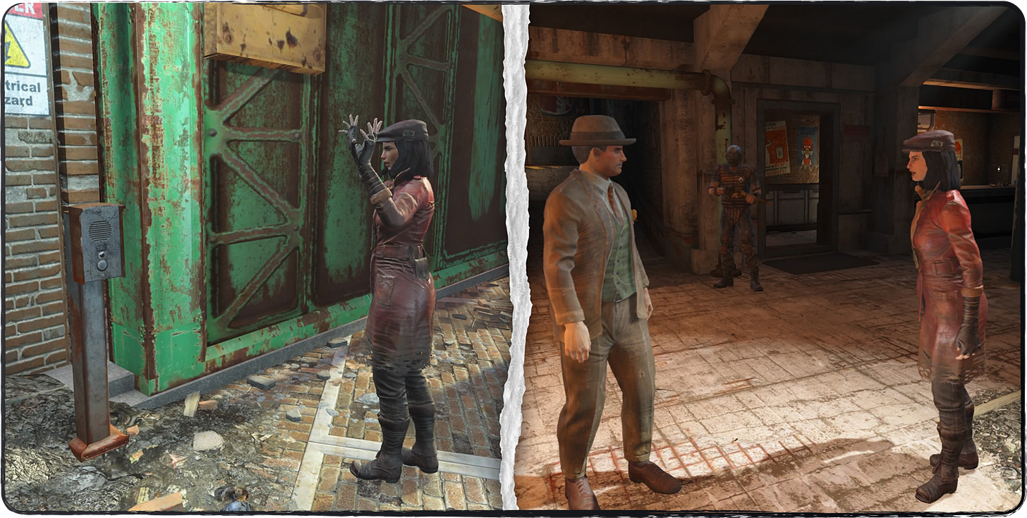 A screenshot showing the first run-in with Piper Wright, arguing with the security officer and then the mayor of Diamond City, Mayor McDonough!