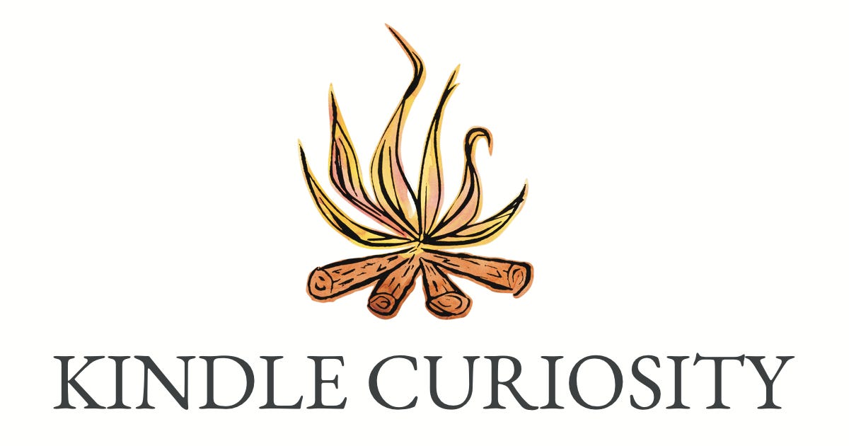 Watercolor campfire logo over text Kindle Curiosity