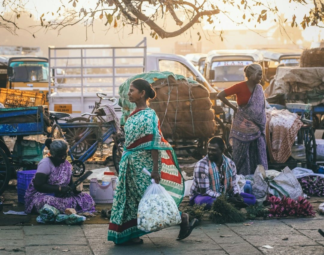 woman wearing green and red sari dress walking on road