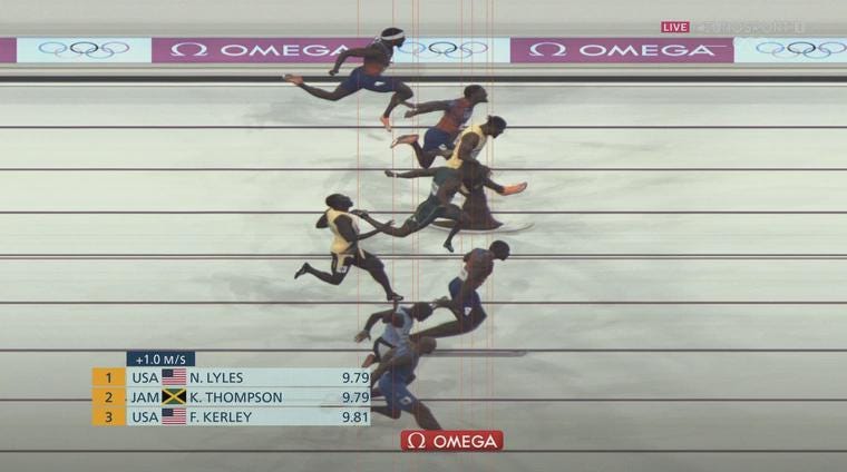 Men's 100m sprint photo finish : r/olympics