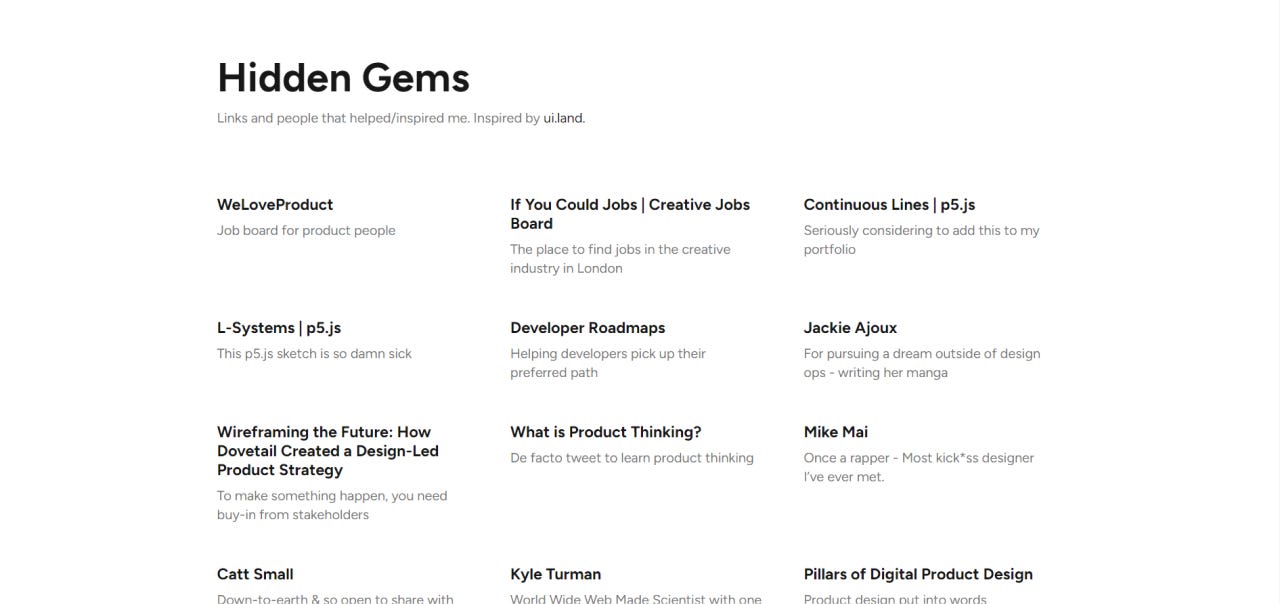 screenshot of hidden gem - a site that showcases link and people