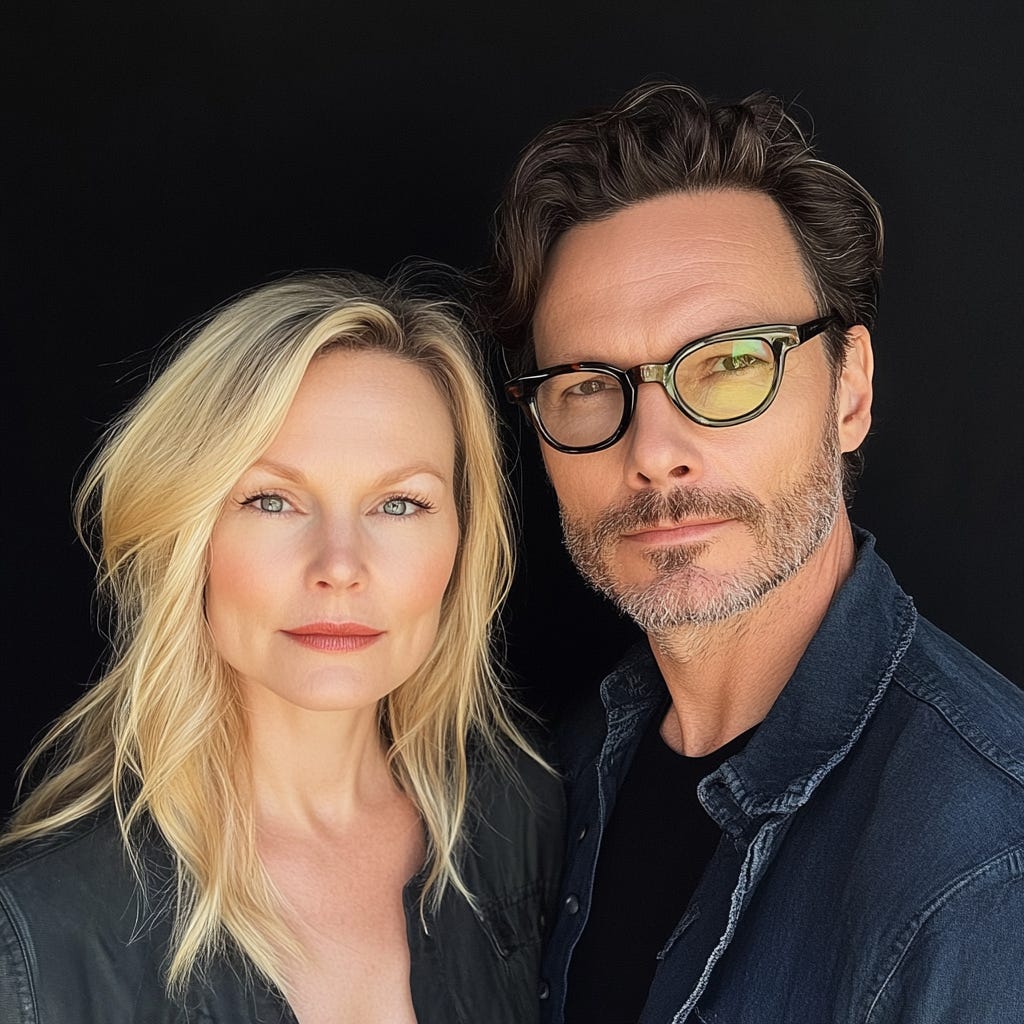 A reimagined portrait of Mark and Samantha, created using MidJourney. The pair are pictured together with Mark wearing glasses and Samantha displaying a serene expression, both set against a dark background that highlights their strong, sophisticated presence.