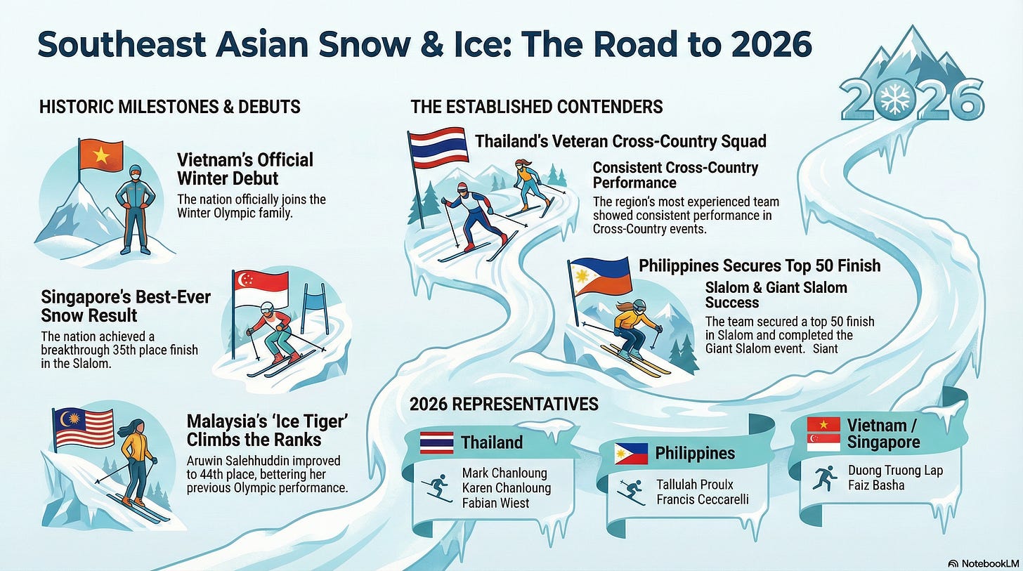 An illustrated infographic titled "Southeast Asia on Ice: 2026 Winter Sports Milestones," featuring a winding blue ski slope through a snowy mountain landscape. The graphic highlights key achievements of ASEAN athletes at the Milano Cortina 2026 Winter Olympics An illustrated infographic titled "Southeast Asia on Ice: 2026 Winter Sports Milestones," featuring a winding blue ski slope through a snowy mountain landscape. The graphic highlights key achievements of ASEAN athletes at the Milano Cortina 2026 Winter Olympics