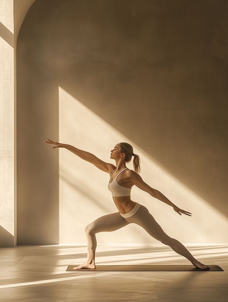This may contain: a woman is doing yoga in an empty room with sunlight streaming through the window and casting shadows on the wall This may contain: a woman is doing yoga in an empty room with sunlight streaming through the window and casting shadows on the wall