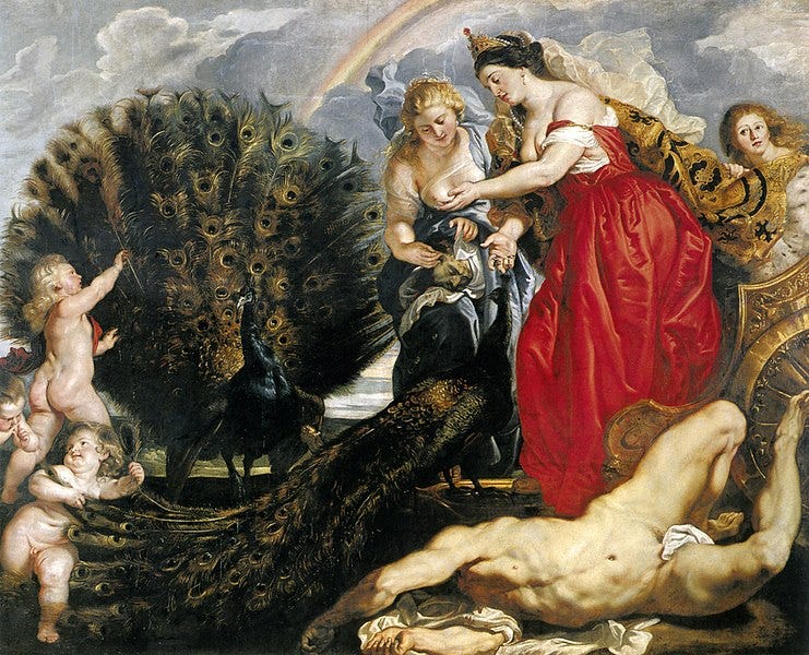 This painting, Juno and Argus by Peter Paul Rubens, portrays a scene from Roman mythology involving the goddess Juno (Hera in Greek mythology) and her loyal servant Argus. Argus, who had a hundred eyes, was slain by Hermes on behalf of Zeus to free Io, who had been transformed into a cow. In the painting, Juno stands over the lifeless body of Argus, who lies on the ground after his death. This painting, Juno and Argus by Peter Paul Rubens, portrays a scene from Roman mythology involving the goddess Juno (Hera in Greek mythology) and her loyal servant Argus. Argus, who had a hundred eyes, was slain by Hermes on behalf of Zeus to free Io, who had been transformed into a cow. In the painting, Juno stands over the lifeless body of Argus, who lies on the ground after his death.
