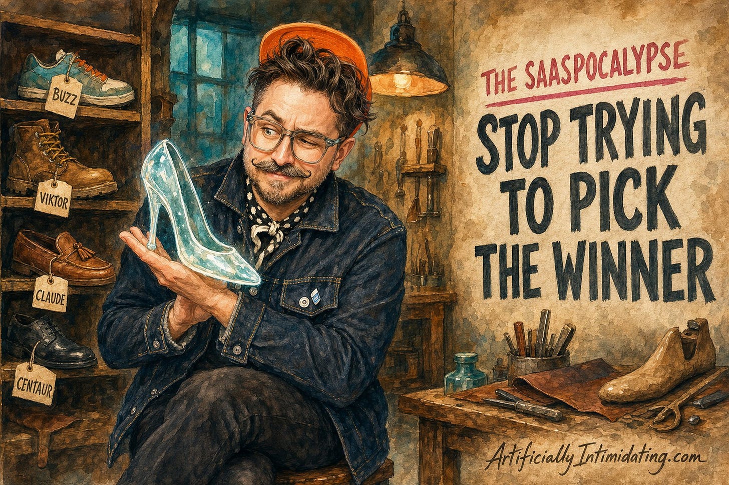 A watercolor illustration: a founder in an orange cap inspects a glowing glass slipper in a cobbler's shop, a shelf of shoes tagged Buzz, Viktor, Claude and Centaur beside him, with hand-painted wall lettering reading The SaaSpocalypse, Stop Trying to Pick the Winner.