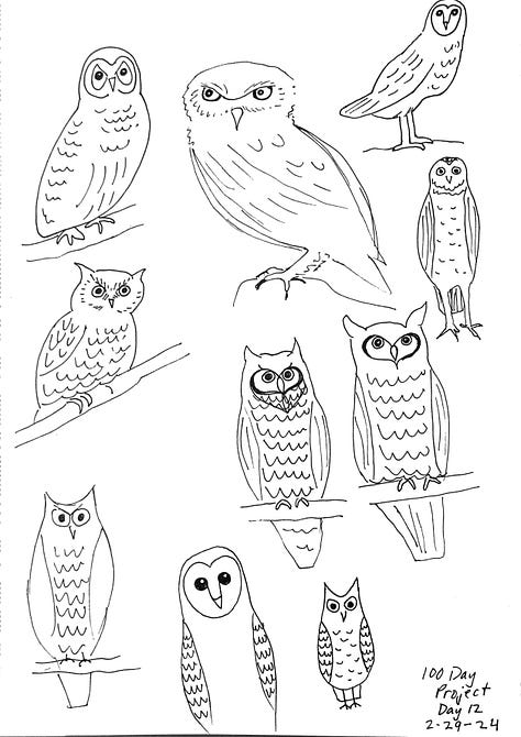 Simple drawings of ten whales, ten ghosts, and ten owls.