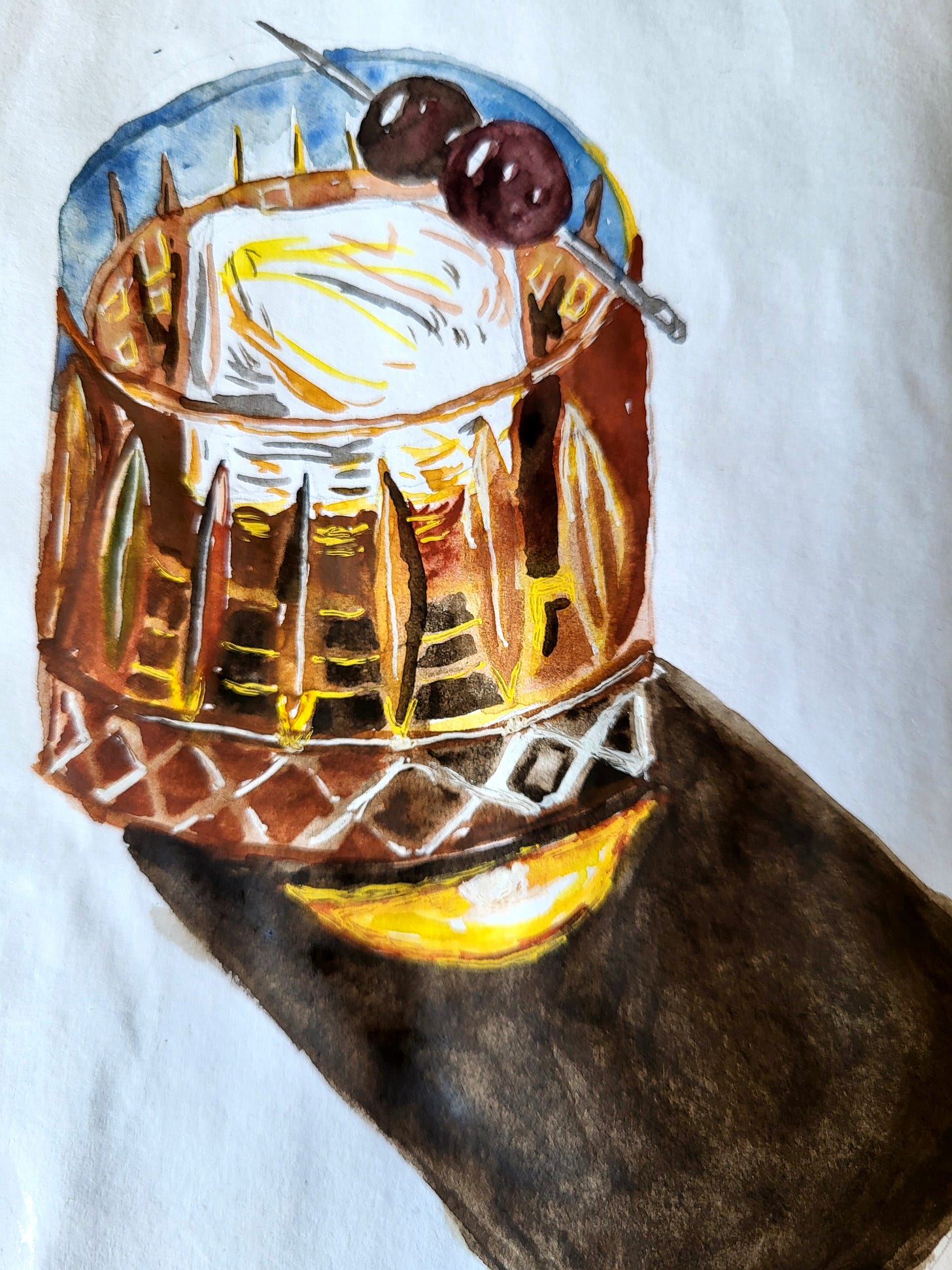 A crude watercolor illustration of a cocktail with a big ice cube in it.