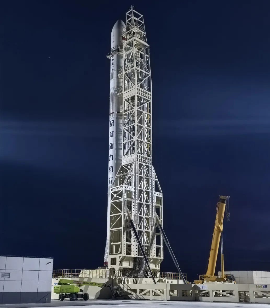 The Pallas-1 Y1 vehicle at the Jiuquan Satellite Launch Center in May 2026 for testing with launch pad equipment.