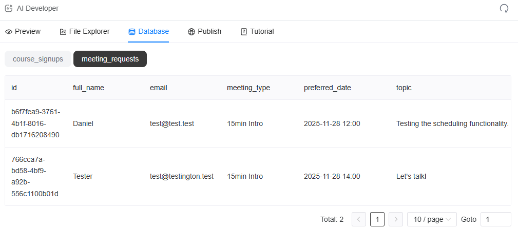 Screenshot of Genspark AI Developer database view showing meeting_requests table with scheduled intro calls, emails, dates, and topics, highlighting new Genspark features for backend management