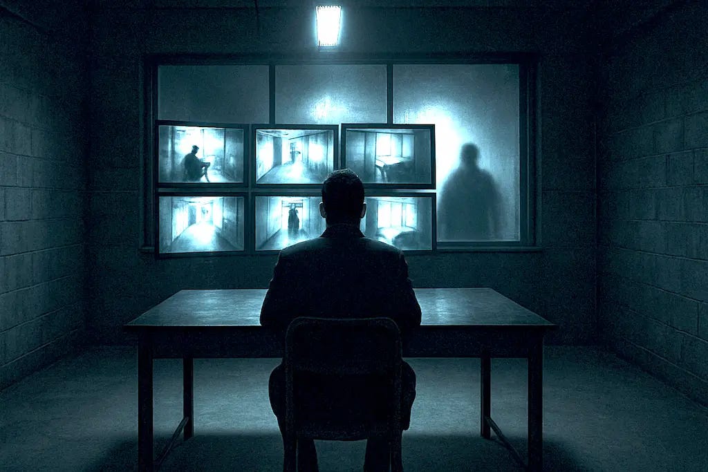 Ambiente de controle e monitoramento com dezenas de telas, sugerindo segredos e vigilância oculta.