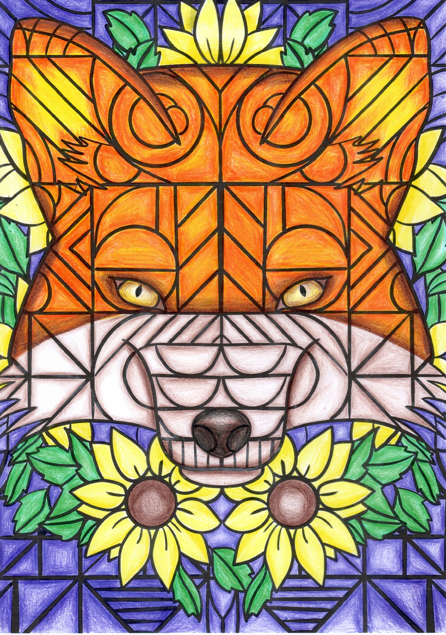 A imagem apresenta uma ilustração estilizada de uma cabeça de raposa, desenhada com linhas geométricas que lembram um vitral ou mosaico. A raposa tem uma pelagem predominantemente laranja e branca, com olhos amarelos e um focinho escuro. Na parte inferior da imagem, abaixo da cabeça da raposa, há duas flores de girassol grandes e vibrantes, com pétalas amarelas e centros escuros. O fundo da imagem é preenchido com padrões geométricos em tons de azul e verde, complementando o estilo geral da ilustração. A imagem apresenta uma ilustração estilizada de uma cabeça de raposa, desenhada com linhas geométricas que lembram um vitral ou mosaico. A raposa tem uma pelagem predominantemente laranja e branca, com olhos amarelos e um focinho escuro. Na parte inferior da imagem, abaixo da cabeça da raposa, há duas flores de girassol grandes e vibrantes, com pétalas amarelas e centros escuros. O fundo da imagem é preenchido com padrões geométricos em tons de azul e verde, complementando o estilo geral da ilustração.