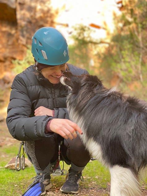 Image 1. Laura in a yoga pose wearing a red t-shirt and climbing helmet and harness, on top of a cliff, grassland, shrubbery, cliffs and sky in the background. Image 2. Percy the white lop eared bunny reaching for parsley on the couch. Image 3. Laura in climbing gear and Oscar the black and white border collie give Laura an unexpected kiss!