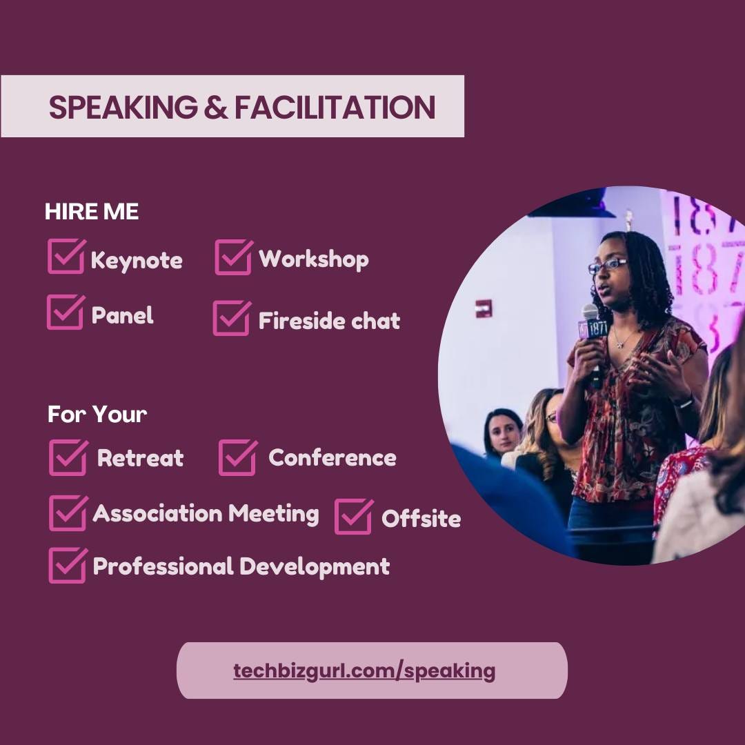 May be a graphic of 4 people and text that says 'SPEAKING FACILITATION HIRE ME Keynote Workshop Panel Fireside chat 10 8 For Your Retreat Conference Association Meeting Offsite Professional Development techbizgurl.com/speaking'