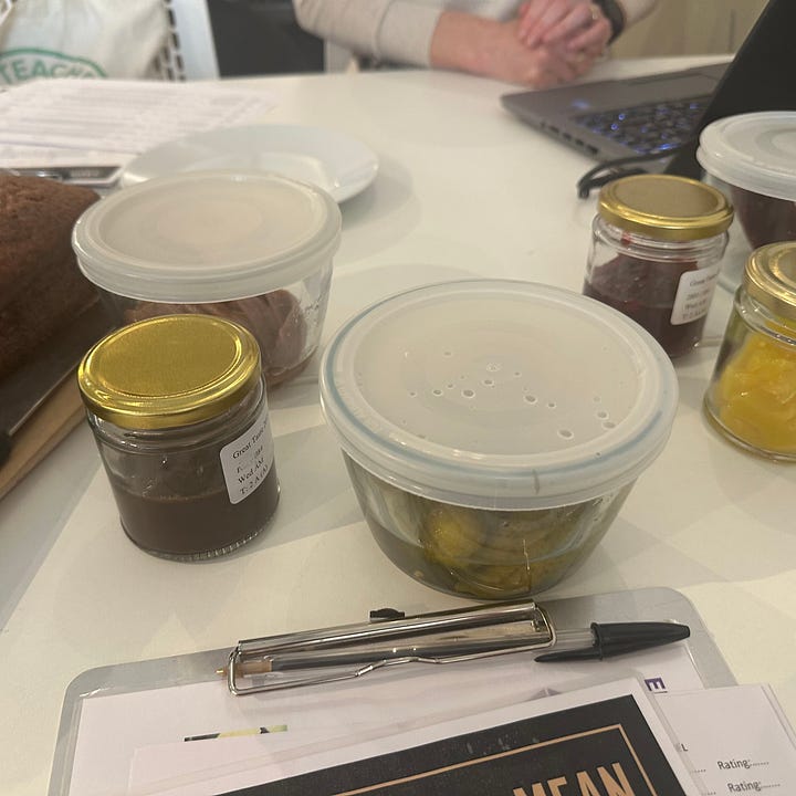 Out side the great taste wards HQ, In the judging room and a selection of product for tasting.s