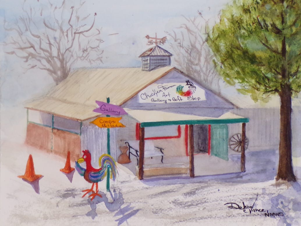 Bright colored watercolor painting of the Chicken Farm Art Center in San Angelo, TX