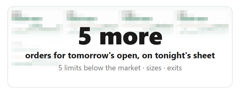 5 more orders for tomorrow's open on tonight's sheet, shown blurred.