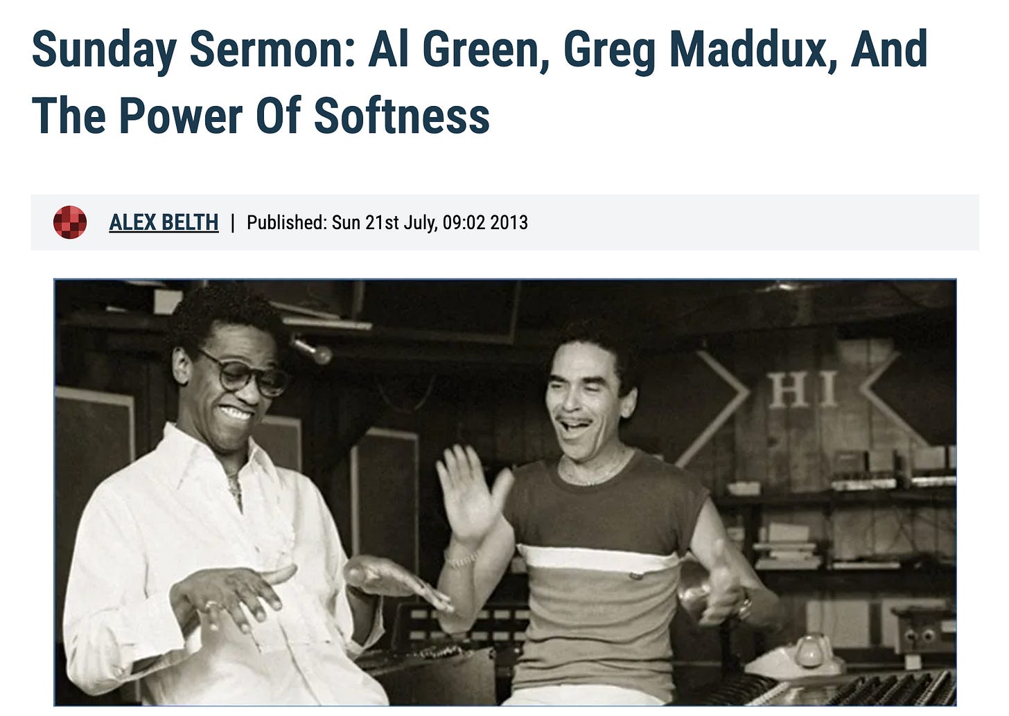 picture of article referenced above with the title sunday sermon: al green, greg maddux and the power of softness with a picture of al green and willie mitchell in the recording studio