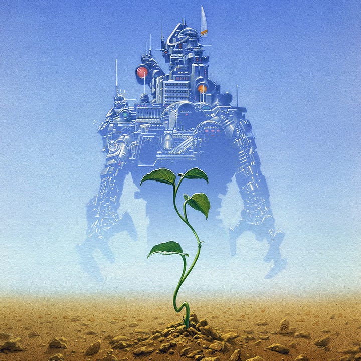 LEFT: Detail from THE ULTIMATE ENEMY featuring a simple plant sprouting defiantly from a short mound of soil. There's a winding curve to its stalk. Pointed curving leaves extend like palms to catch the rays of the sun. It looks healthy and vibrant in the early stages of growth. RIGHT: Close detail from THE ULTIMATE ENEMY featuring the Berserker robot from the torso up. The metal structures on its chest and head are asymmetrical. A pair of domes with varying numbers of lights on its chest point off panel right. Two lenses suggest eyes; one is set low just above its shoulder on the right while a red lens rises on a diagonal strut on the left. Between them a building like structure with uniformed columns and rows sits where a neck might be. Above is compositional nonsense, adding to the asymmetrical mass off-center right that includes a curved metal piece that might be a slide. A single sail with a pair of diagonal orange stripes project off the structure top right, while stiff antennae extend vertical, horizontal, and diagonal off the robot at random.