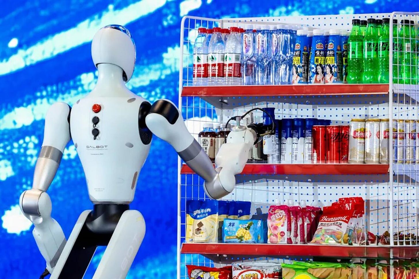 Galbot’s G1 reaching for a drink on a shelf during a demonstration.