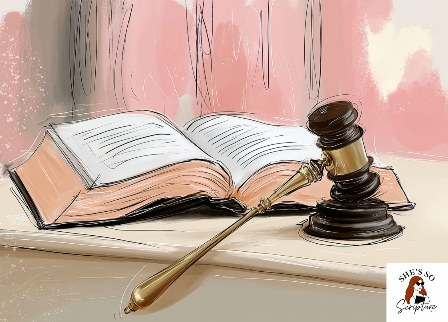 Whimsical fashion illustration of an open Bible with a small brass gavel beside it on a blush pink and cream watercolor background, representing Psalm 82 as a courtroom psalm.