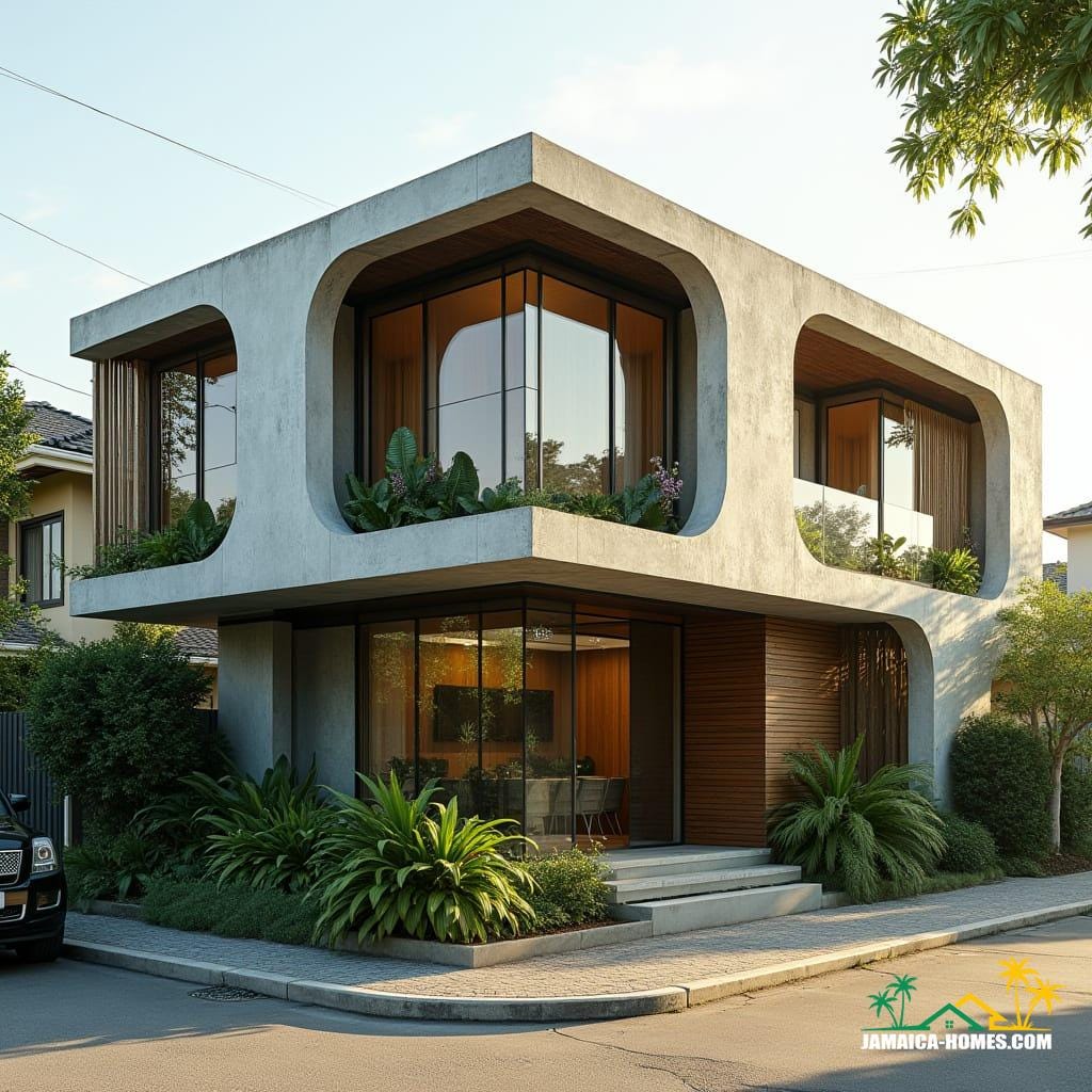 Kingston Tiny Corner L-Home
Design: Two 20-ft modules forming L-shape around a tiny corner garden and porch.
Materials: Concrete, steel, glass, timber for outdoor accents.
Features: Solar panels, cross-ventilation, thin vertical windows, small front garden.
Environment: Urban corner lot, streets on two sides, tropical plants, sunlight.
Style Notes: Ultra-modern, compact, sustainable, visually striking despite small footprint.