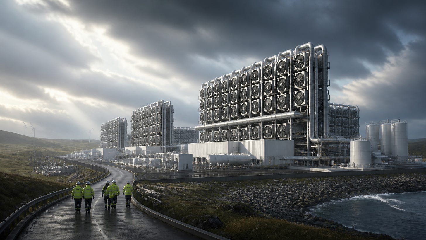 16:9 cinematic illustration of a large UnionDAC direct air capture facility in the UK landscape. 16:9 cinematic illustration of a large UnionDAC direct air capture facility in the UK landscape.