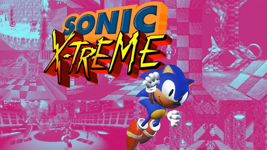 Sonic character leaping with "Sonic X-treme" text in bold. Background shows pink-toned game levels and graphics from a video game.
