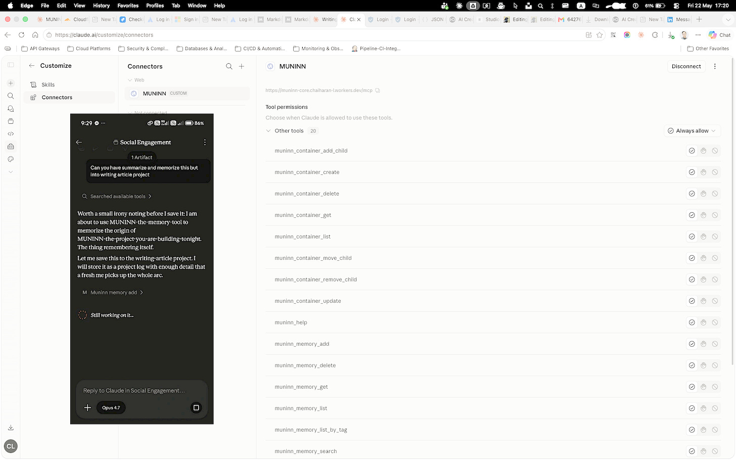 Screenshot of the Claude.ai interface showing the Muninn MCP connector. On the left, an active conversation with Claude. On the right, the full list of Muninn memory tools available to the session, including muninn_container and muninn_memory functions.