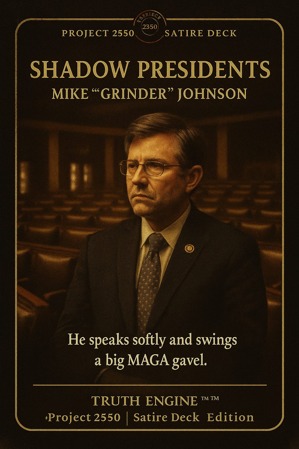 Cinematic Project 2550 card showing a congress hall transformed into a megachurch stage, spotlight on a cross-lit podium to represent the fusion of faith and politics.