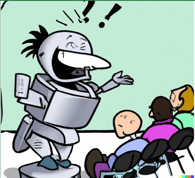 Cartoon of a robot telling jokes in front of a small audience