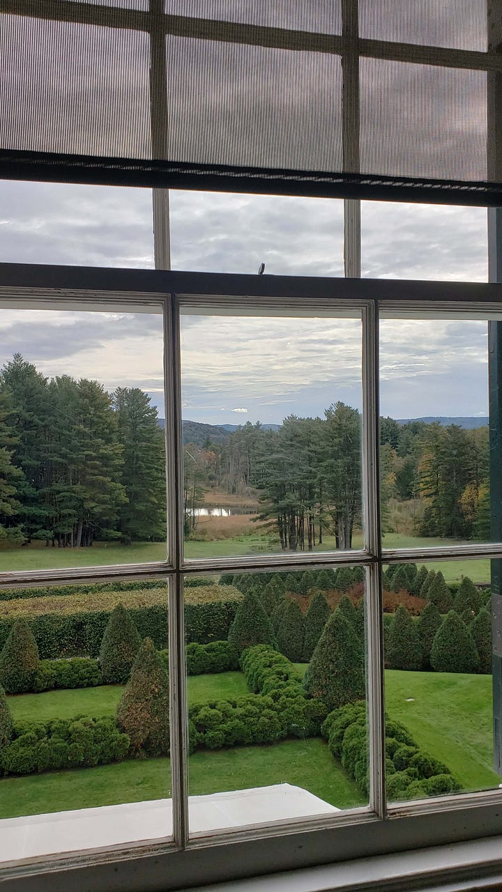 Edith Wharton's home The Mount. View from the window to the gardens and Laurel Lake, the French flower garden, Lime Walk, and sunken Italian garden.