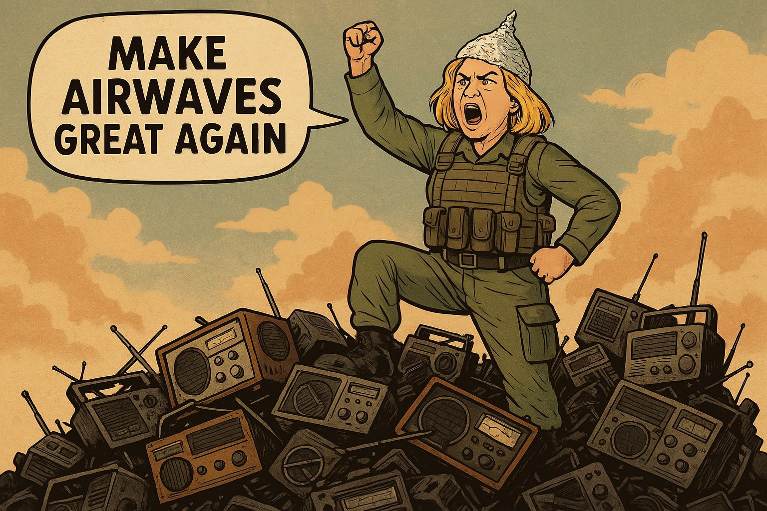 Cartoon of older blond woman standing on pile of radios.