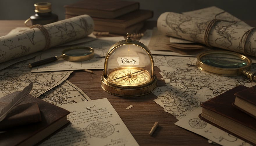 A hyper-realistic, evocative image of a vintage brass compass resting on a messy, chaotic desk. The desk is covered in blurred, overlapping maps and scattered papers. The compass face is sharply in focus, glowing faintly with a warm light. The needle points steadily towards a small, clear label that reads ‘Clarity’. The lighting is moody and cinematic, emphasising the contrast between the chaotic background and the precise, calming instrument. A hyper-realistic, evocative image of a vintage brass compass resting on a messy, chaotic desk. The desk is covered in blurred, overlapping maps and scattered papers. The compass face is sharply in focus, glowing faintly with a warm light. The needle points steadily towards a small, clear label that reads ‘Clarity’. The lighting is moody and cinematic, emphasising the contrast between the chaotic background and the precise, calming instrument.