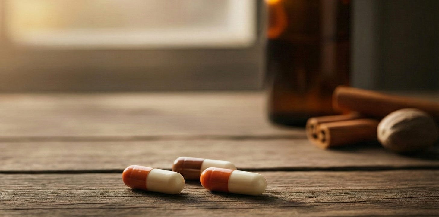 Pumpkin spice–colored capsules on a table next to cinnamon sticks