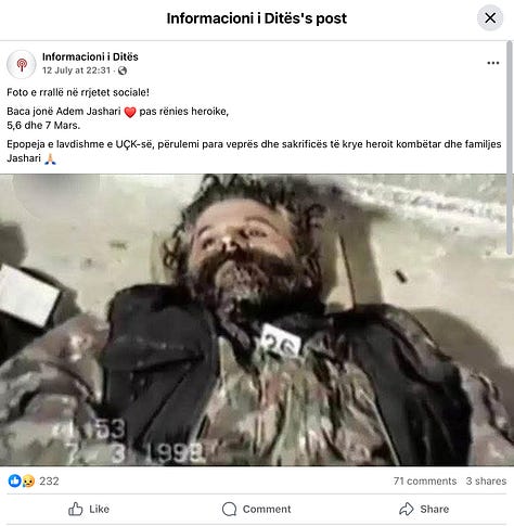Përhapja e një fotografie të ndjeshme të komandantit Adem Jashari pas rënies së tij, si u shpërnda imazhi në rrjetet sociale nga: Tuit7.net, Gazeta Flash24, Informacioni i Ditës, Kosova Report dhe Pellazgët Historia jonë e Mohuar. Një fenomen shqetësues që ngre pyetje mbi etikën, qëllimin dhe ndikimin kolektiv. © Revista SPOTLIGHT.