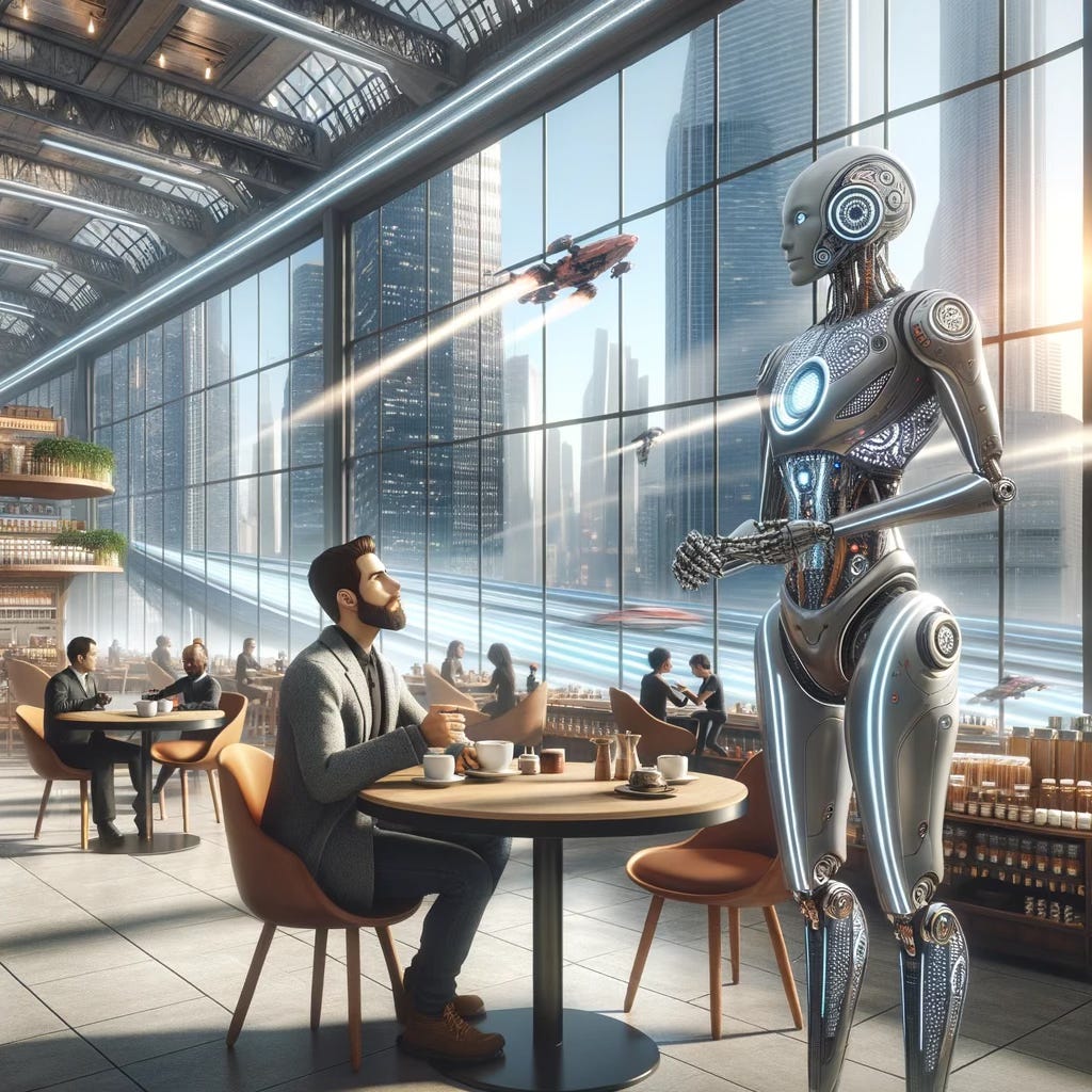 Image generated with DALl-E 3 and depicting a software developer interacting with a robot