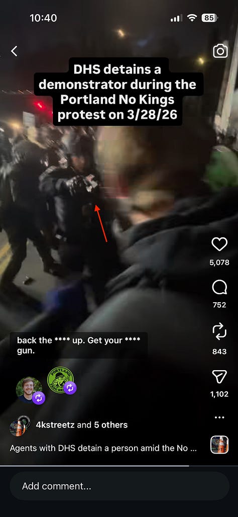 9 screen grabs from video showing ICE agents pursuing, hitting, and detaining protester in pink frog costume. The last three images show agent brandishing gun at bystanders.