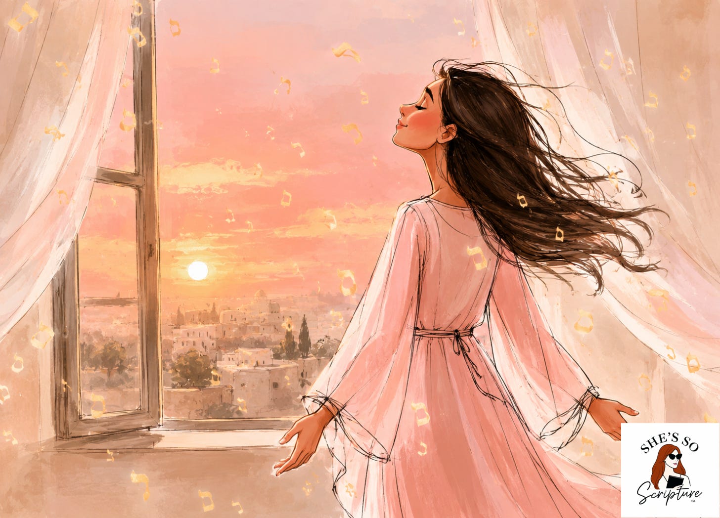 Watercolor fashion illustration of a woman watching a sunset through a window with Hebrew script floating in soft golden light Watercolor fashion illustration of a woman watching a sunset through a window with Hebrew script floating in soft golden light
