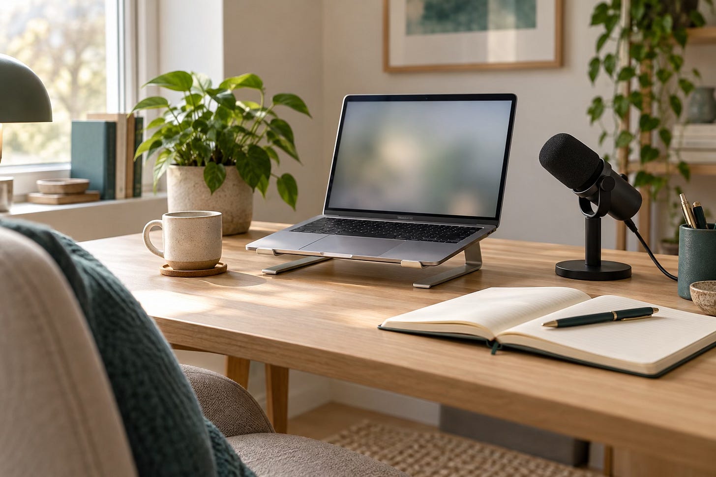 Laptop, microphone and open notebook arranged for an online conversation.