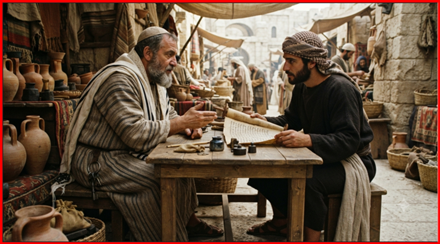 The image depicts a historical scene of a marketplace or marketplace setting, with two individuals engaged in a conversation, surrounded by various vendors, pottery, and goods.

AI-generated content may be incorrect.